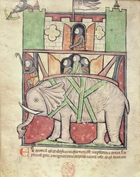Elephant carrying a howdah full of soldiers, from the Westminster Abbey Bestiary, c.1270-90